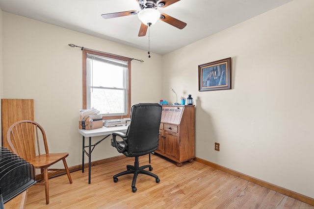 home office with ceiling fan and light hardwood / wood-style flooring