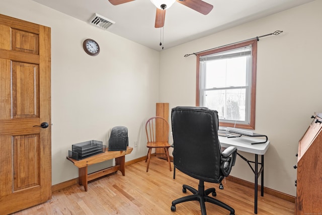 office area featuring ceiling fan and light hardwood / wood-style floors