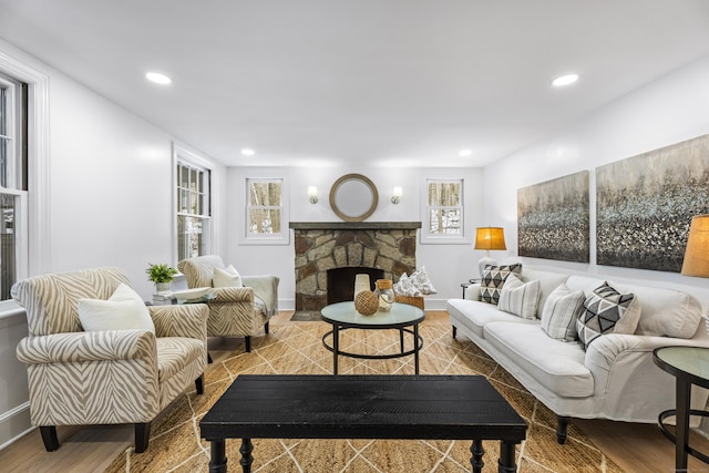 living room with hardwood / wood-style flooring and a stone fireplace