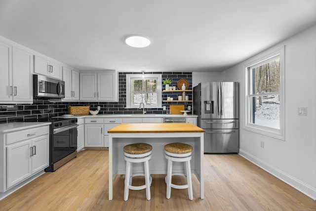 kitchen featuring a breakfast bar, sink, white cabinets, stainless steel appliances, and backsplash