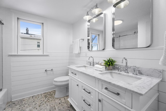 bathroom with vanity, toilet, and walk in shower