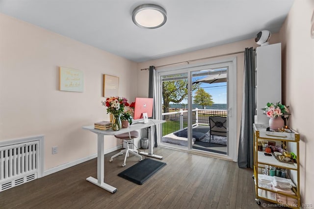 office area featuring dark hardwood / wood-style floors and radiator heating unit