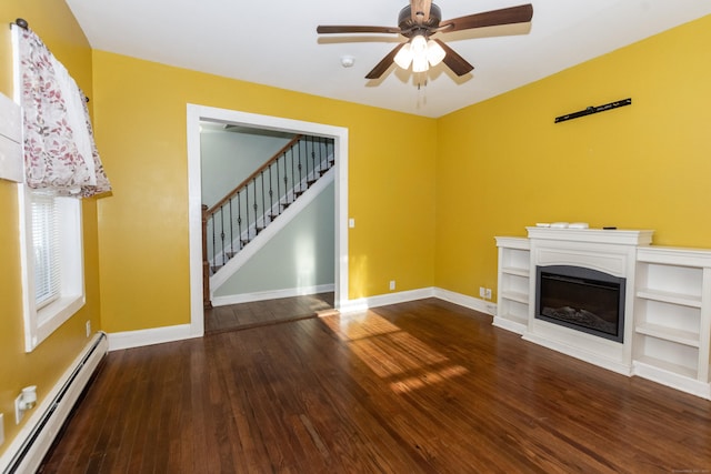 unfurnished living room with dark wood-type flooring, a baseboard radiator, and ceiling fan