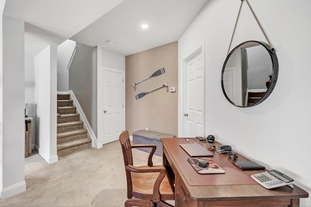 office area with recessed lighting, baseboards, and light colored carpet