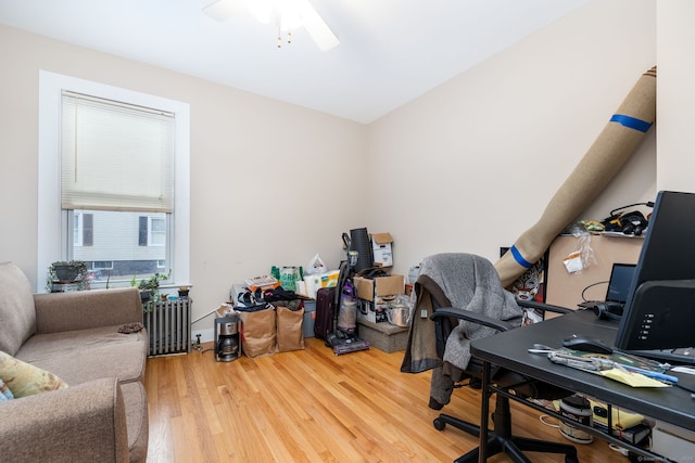 office area with wood-type flooring, radiator, and ceiling fan