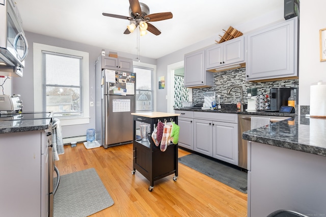 kitchen with gray cabinets, sink, a center island, and stainless steel appliances