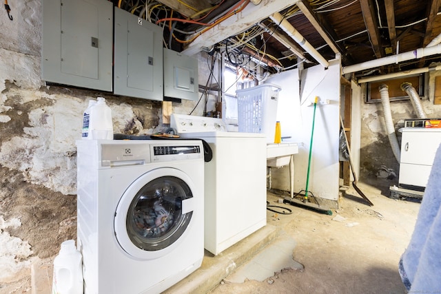 washroom featuring electric panel and washer and clothes dryer