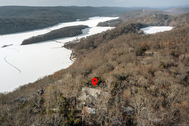 drone / aerial view with a water and mountain view