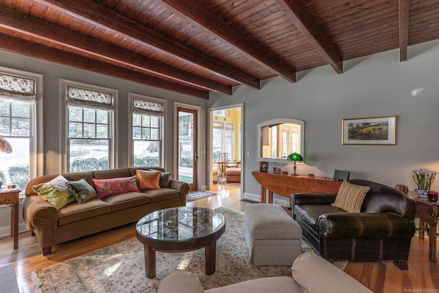 living room featuring wood ceiling, beam ceiling, and light hardwood / wood-style flooring