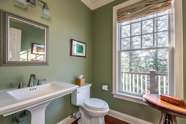 bathroom featuring ornamental molding, sink, hardwood / wood-style floors, and toilet