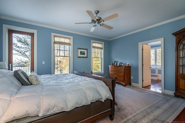 bedroom with multiple windows, crown molding, and ceiling fan