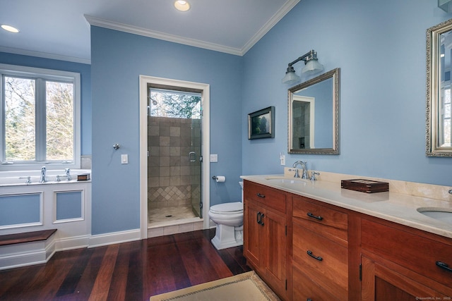 bathroom with vanity, a shower with shower door, and ornamental molding