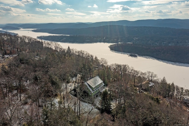 aerial view featuring a water and mountain view