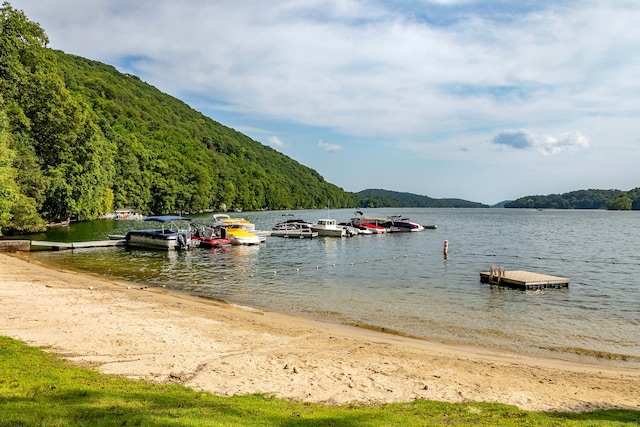 water view featuring a mountain view and a dock