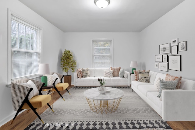 living room featuring a wealth of natural light and hardwood / wood-style floors