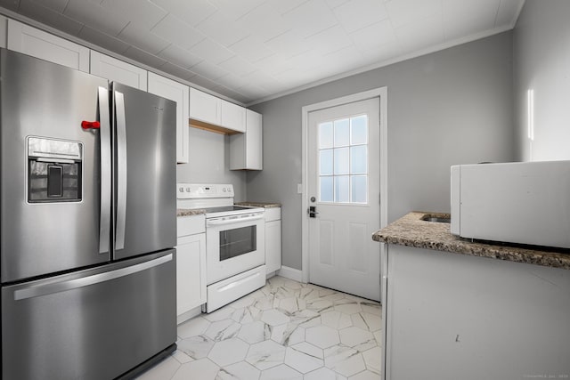 kitchen with white cabinetry, stainless steel fridge with ice dispenser, white electric stove, and dark stone countertops