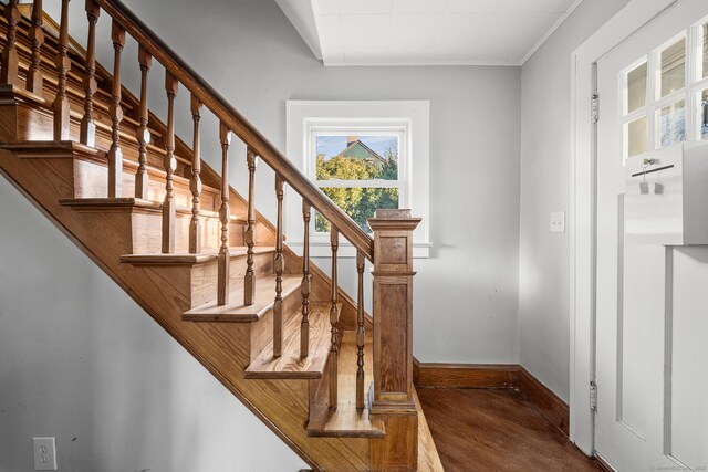 staircase with ornamental molding and hardwood / wood-style floors