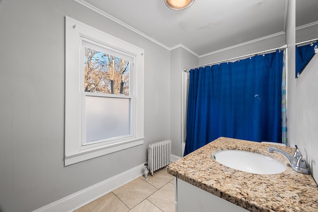 bathroom with crown molding, tile patterned floors, radiator heating unit, and vanity