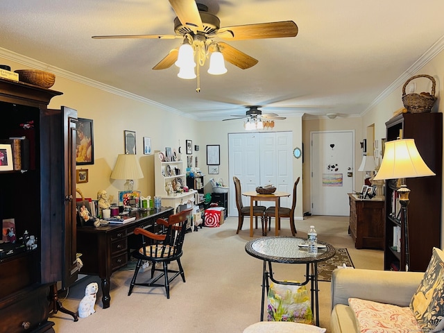 interior space with ceiling fan and ornamental molding