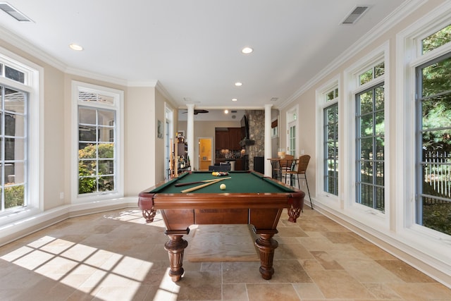 recreation room with pool table, ornamental molding, and ornate columns