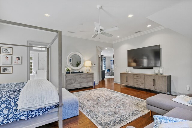 bedroom featuring ceiling fan, crown molding, and dark hardwood / wood-style floors