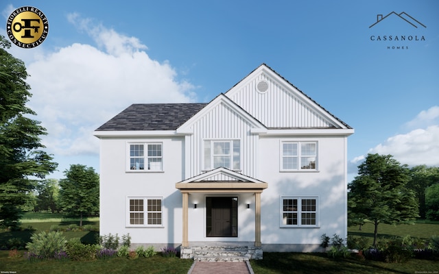 modern farmhouse featuring a shingled roof, a front lawn, and board and batten siding