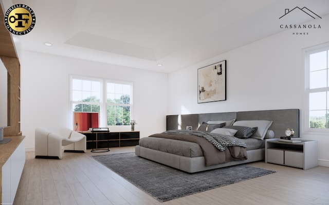 bedroom featuring light wood-style floors, baseboards, a tray ceiling, and recessed lighting