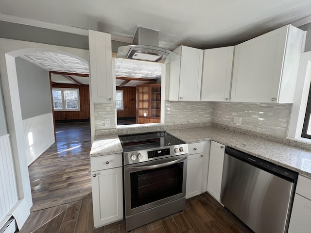 kitchen featuring a baseboard heating unit, dark hardwood / wood-style floors, light stone countertops, appliances with stainless steel finishes, and white cabinets