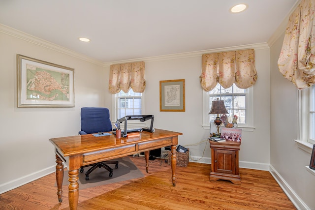 office with crown molding and wood-type flooring