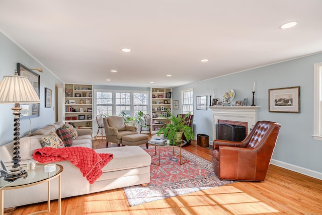 living room featuring built in shelves and wood-type flooring