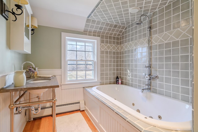 bathroom with vanity, wood-type flooring, and baseboard heating