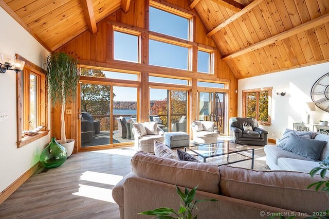 living room featuring baseboards, wood ceiling, wood finished floors, a water view, and beam ceiling