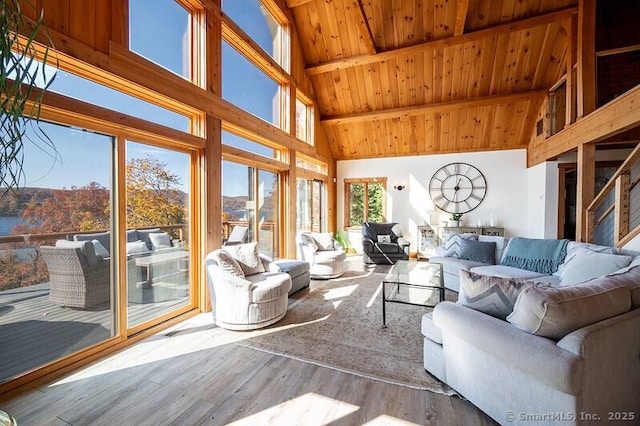 sunroom / solarium featuring wood ceiling and lofted ceiling with beams