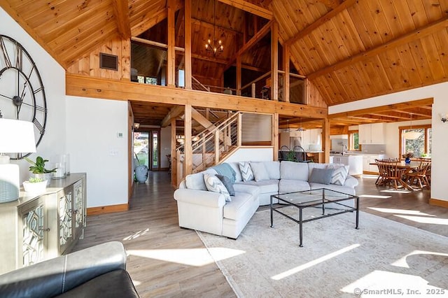 living room with wood-type flooring, beam ceiling, and high vaulted ceiling