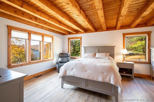 bedroom with beamed ceiling, light wood-type flooring, and wooden ceiling