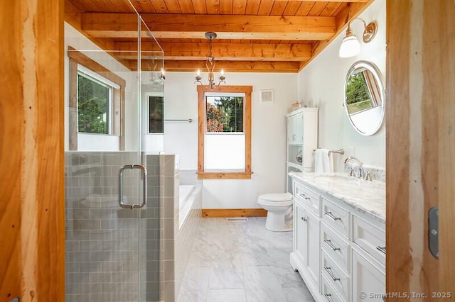 full bathroom with marble finish floor, beam ceiling, wood ceiling, vanity, and baseboards