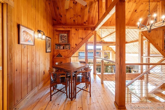 dining space with vaulted ceiling with beams, wood walls, a chandelier, wooden ceiling, and light hardwood / wood-style floors