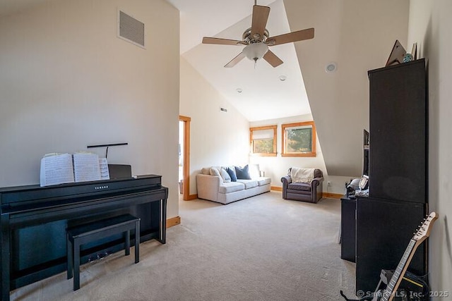 living room featuring carpet floors, visible vents, a ceiling fan, high vaulted ceiling, and baseboards