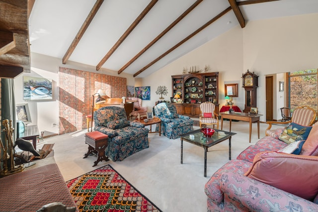 living room featuring high vaulted ceiling, light colored carpet, and beam ceiling