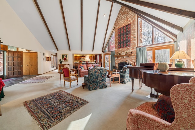 carpeted living room with high vaulted ceiling, beam ceiling, and a fireplace