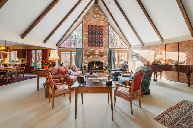 carpeted living room with high vaulted ceiling, beam ceiling, and a fireplace