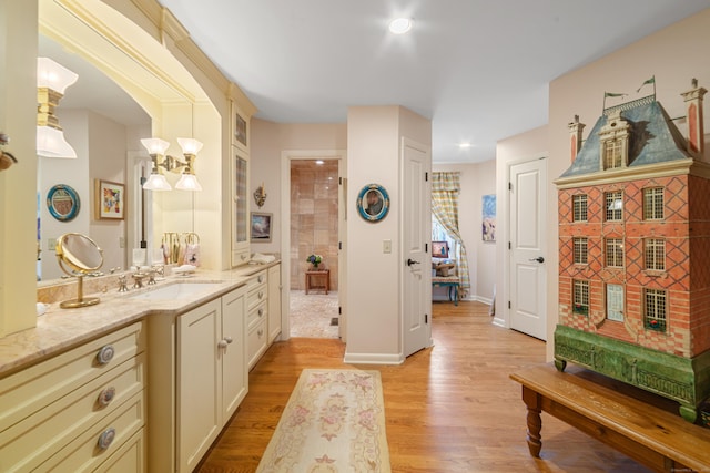 bathroom featuring walk in shower, vanity, and wood-type flooring