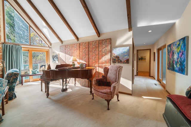 misc room with high vaulted ceiling, light carpet, and beam ceiling