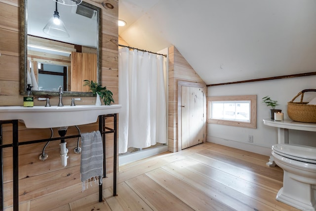 bathroom featuring wood-type flooring, toilet, and vaulted ceiling