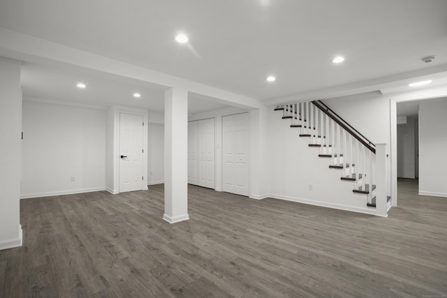 basement featuring dark wood-type flooring