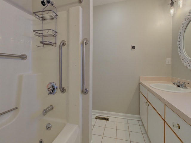 bathroom featuring washtub / shower combination, vanity, and tile patterned flooring