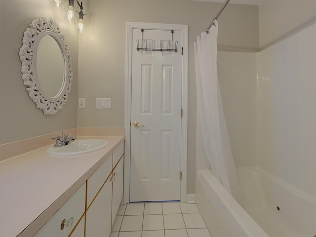 bathroom with shower / bath combination with curtain, tile patterned floors, and vanity