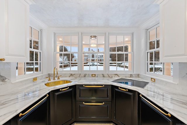 kitchen with a sink, dark cabinets, crown molding, and white cabinetry