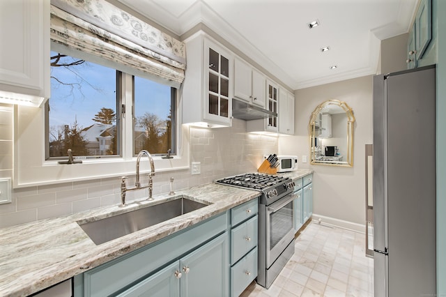 kitchen with crown molding, a sink, stainless steel appliances, under cabinet range hood, and glass insert cabinets