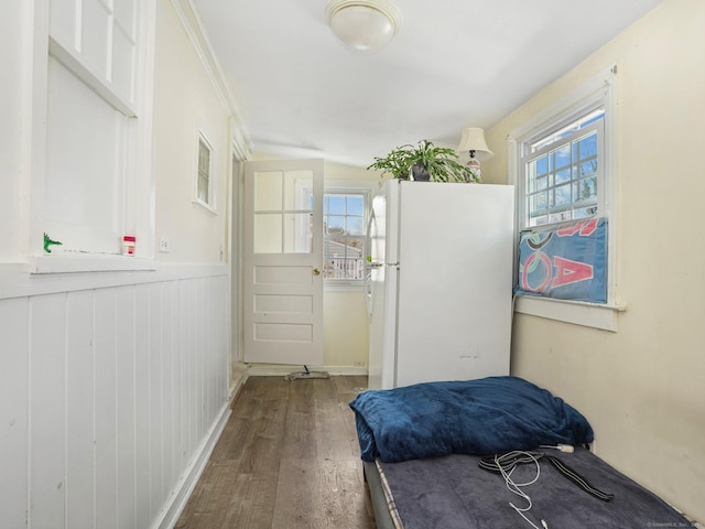 interior space with white refrigerator, hardwood / wood-style flooring, and multiple windows